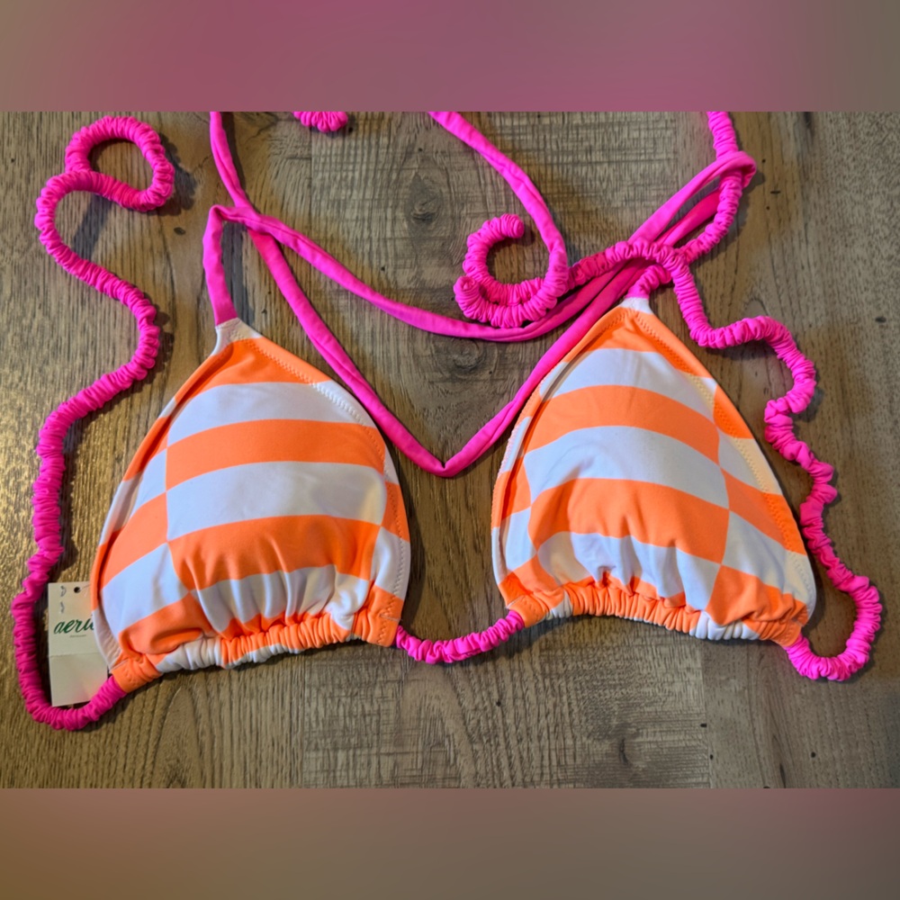 Aerie Real Good Checkered Triangle Bikini Top Orange Pink XL NWT - Picture 4 of 6